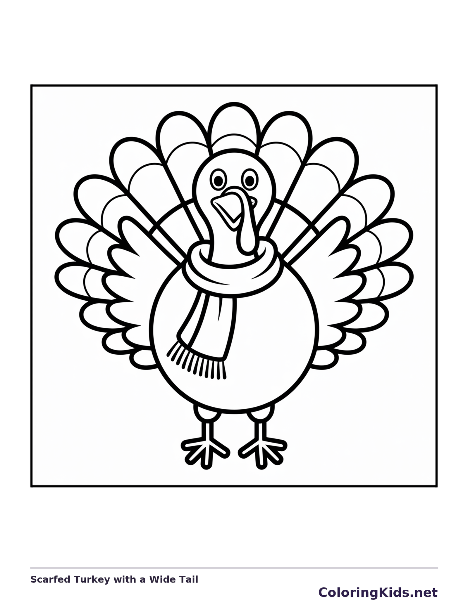 Black and white scarfed turkey with a wide tail coloring page with turkey feathers and fall details