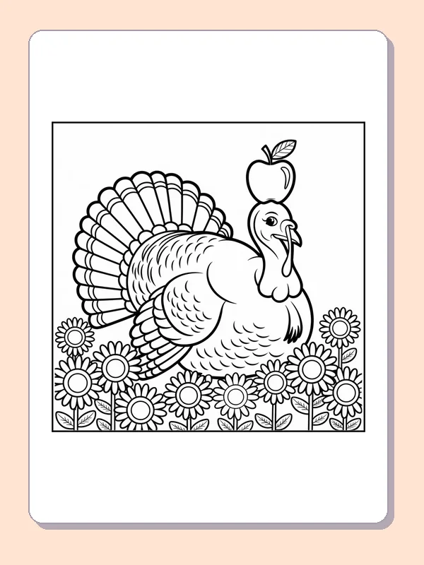 Black and white turkey among sunflowers coloring page with turkey feathers and fall details