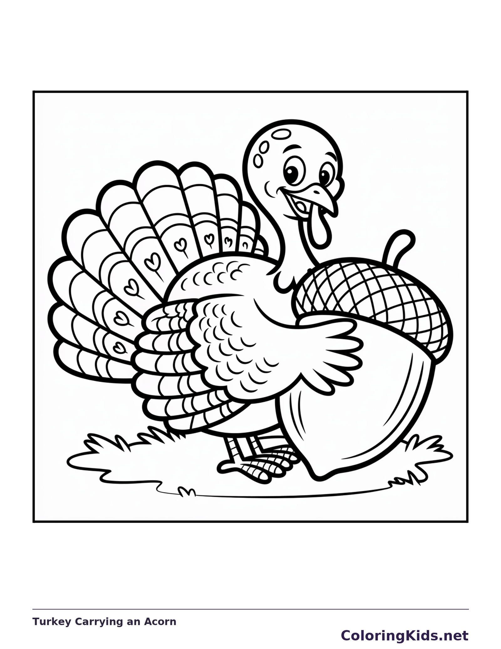 Black and white turkey carrying an acorn coloring page with turkey feathers and fall details