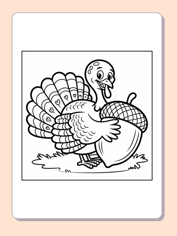 Black and white turkey carrying an acorn coloring page with turkey feathers and fall details