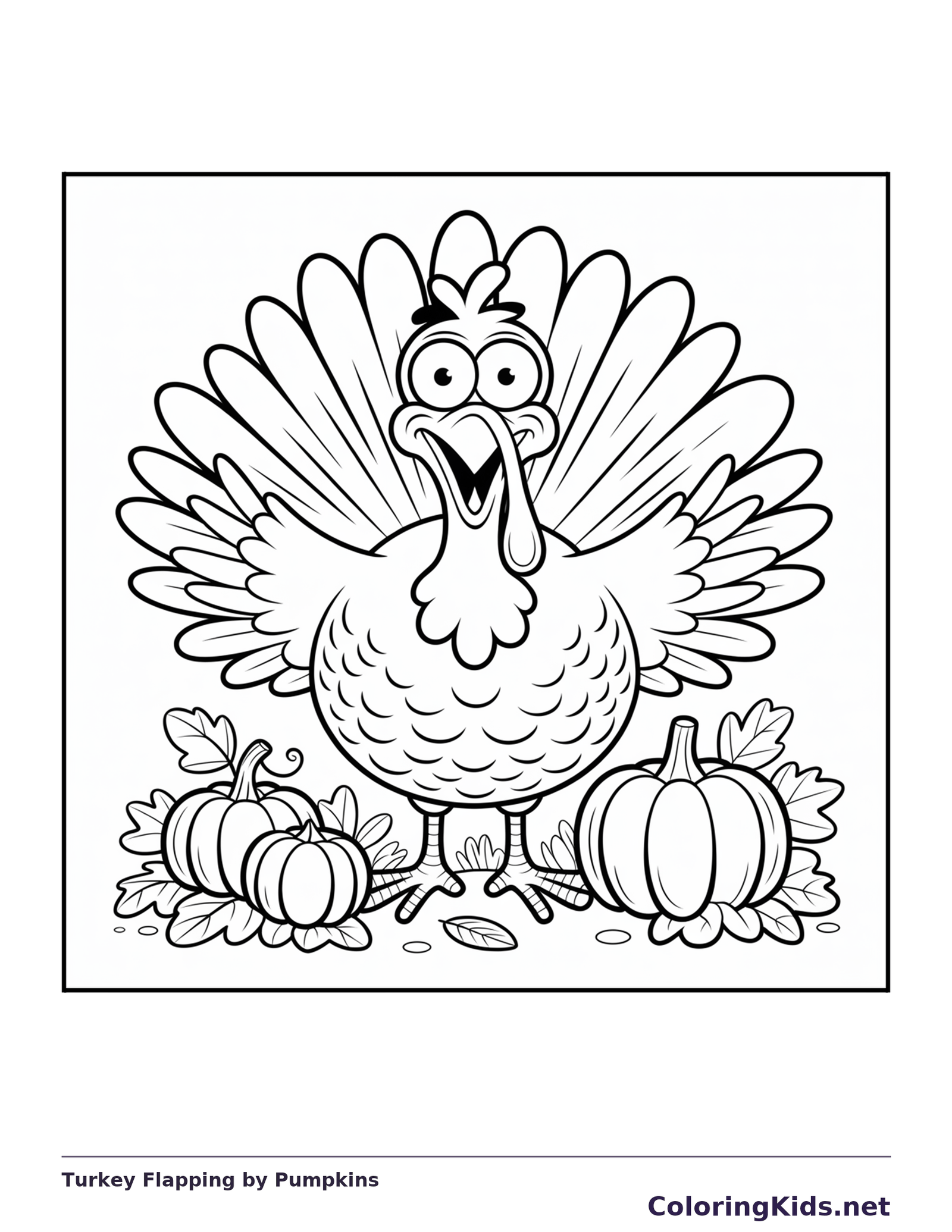 Black and white turkey flapping by pumpkins coloring page with turkey feathers and fall details
