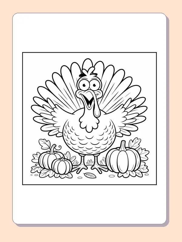 Black and white turkey flapping by pumpkins coloring page with turkey feathers and fall details
