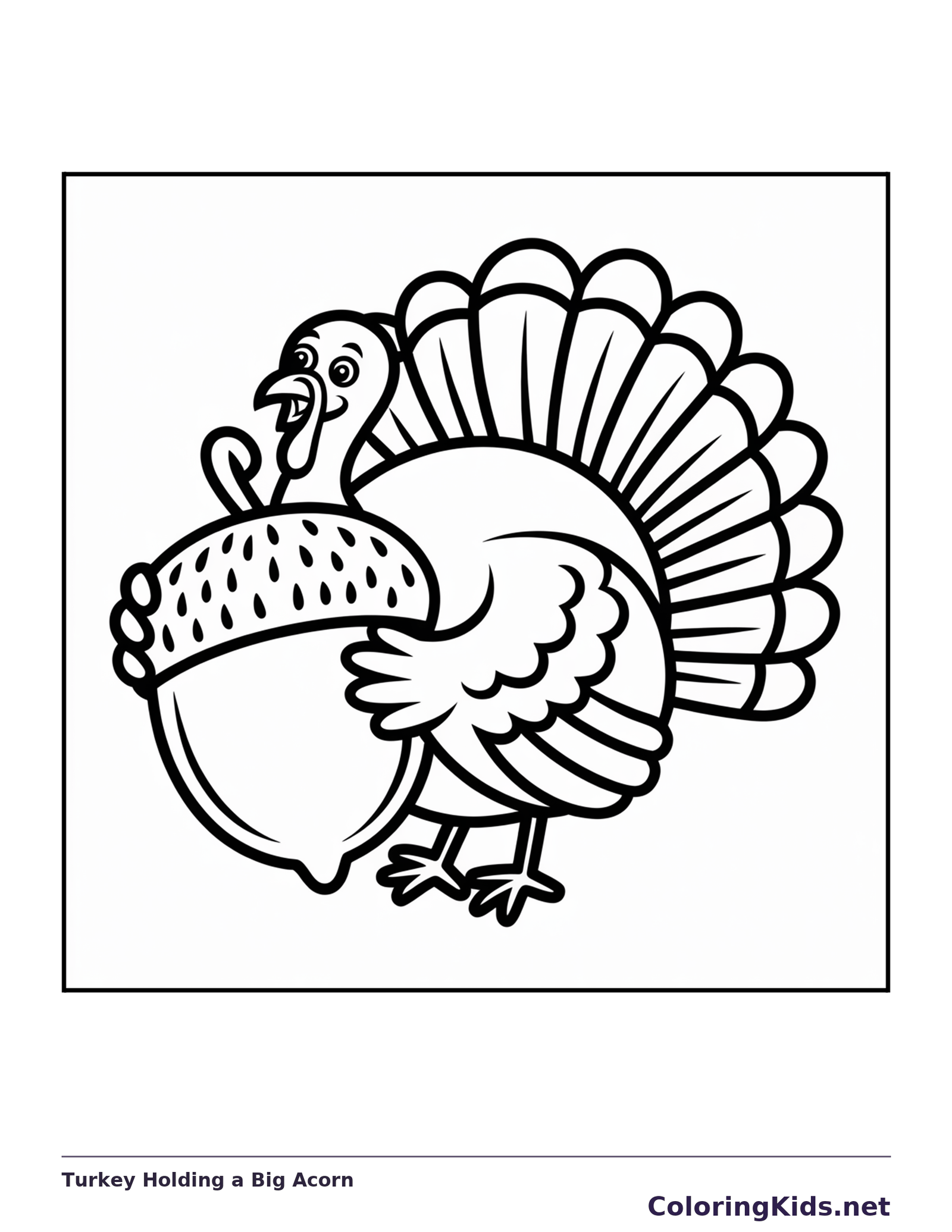 Black and white turkey holding a big acorn coloring page with turkey feathers and fall details