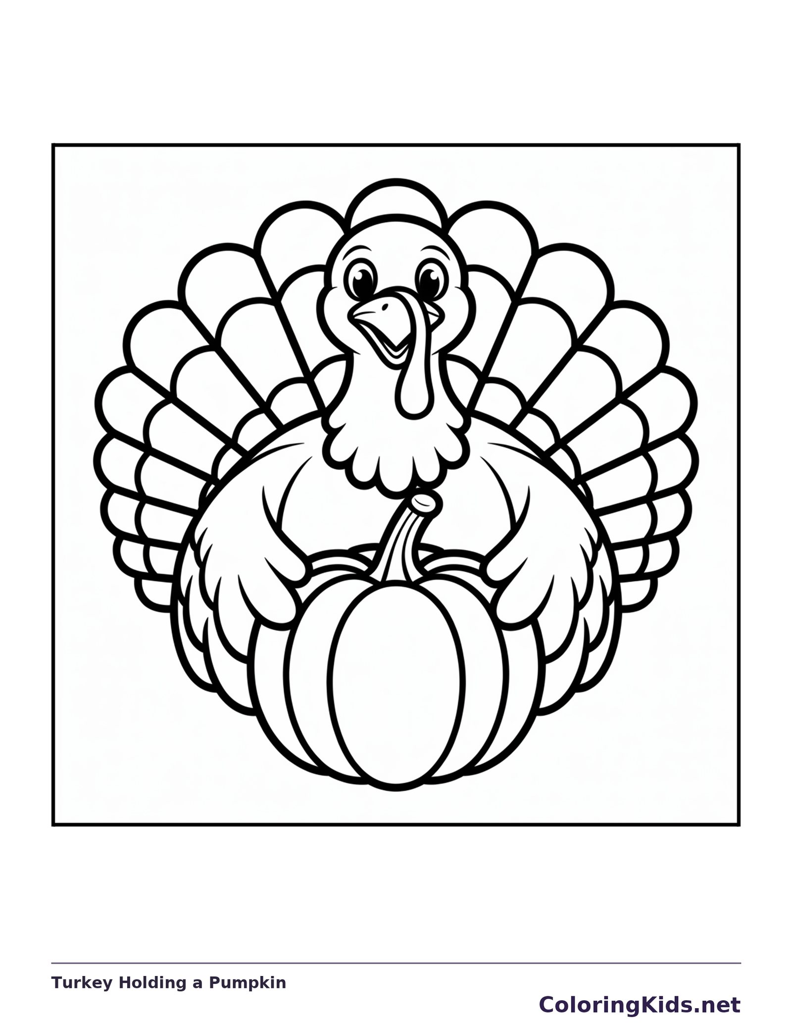 Black and white turkey holding a pumpkin coloring page with turkey feathers and fall details
