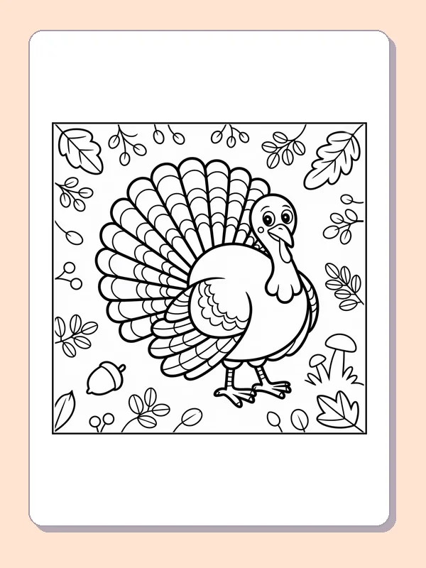 Black and white turkey in a fall leaf frame coloring page with turkey feathers and fall details
