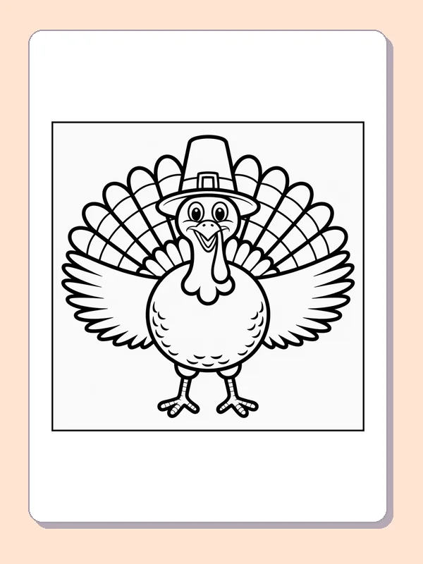 Black and white turkey in a tall hat coloring page with turkey feathers and fall details