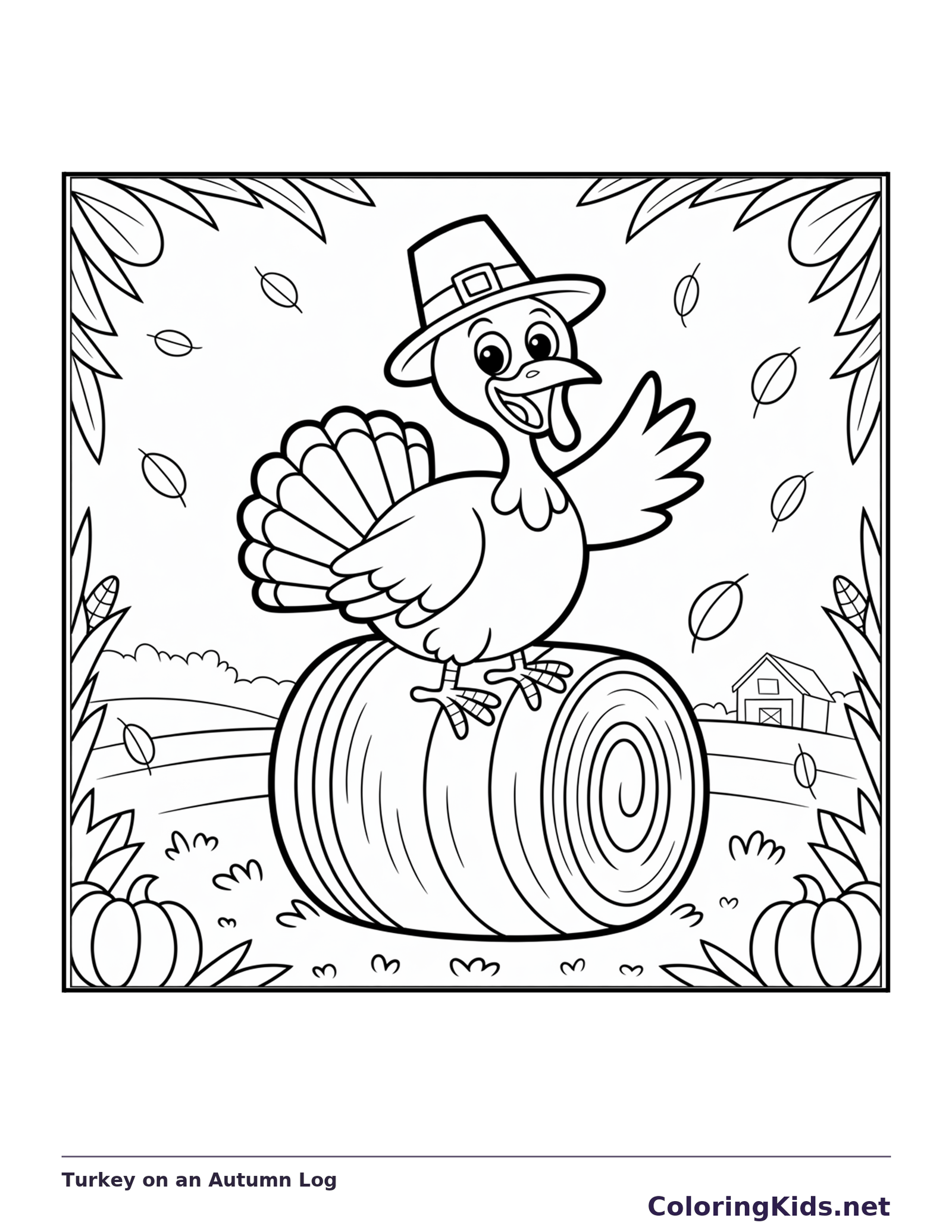 Turkey on an Autumn Log coloring page | ColoringKids.net