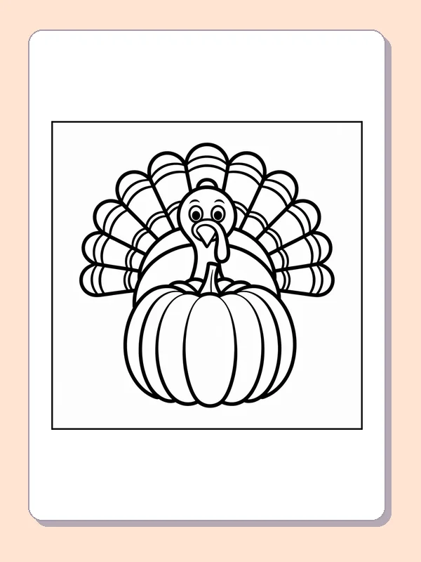 Black and white turkey peeking over a pumpkin coloring page with turkey feathers and fall details