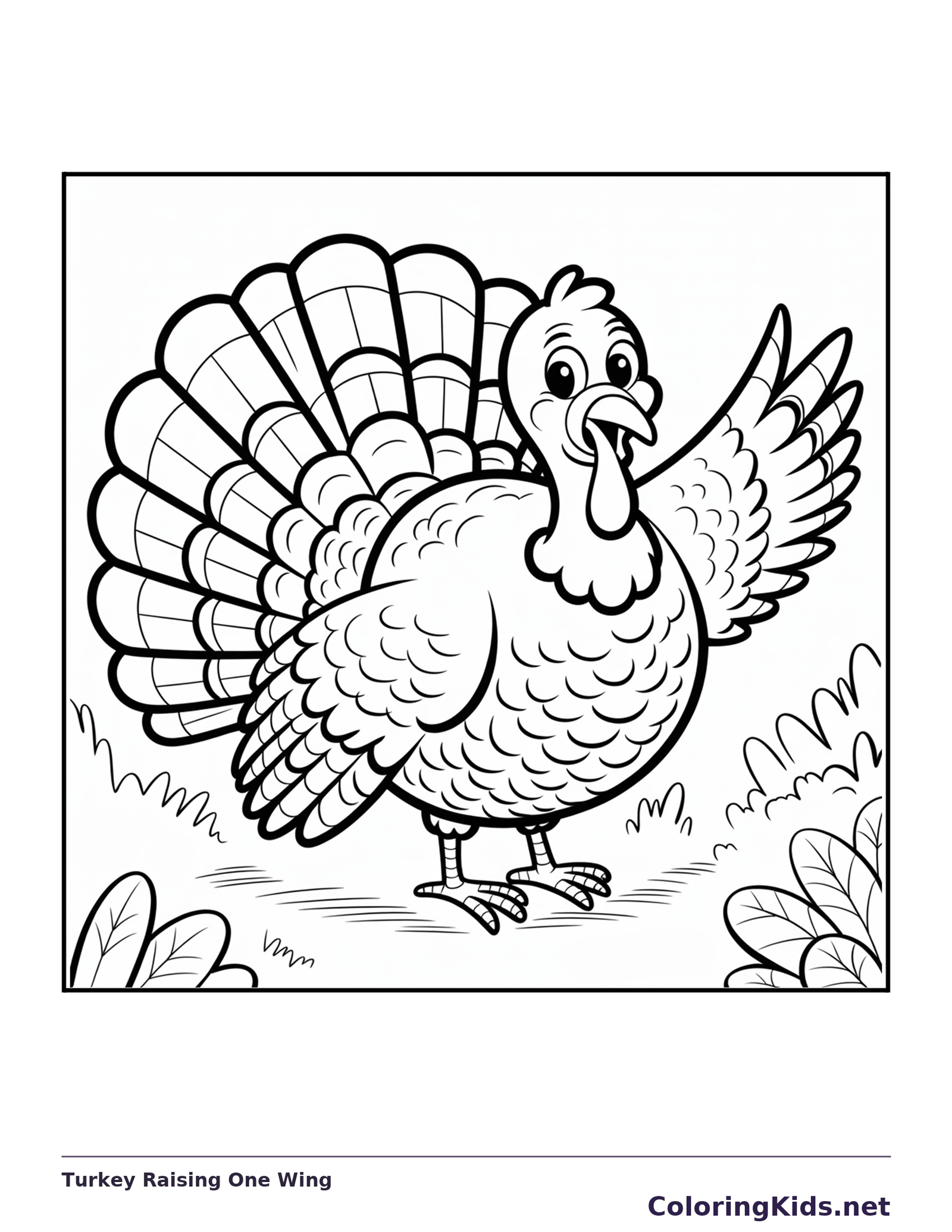 Black and white turkey raising one wing coloring page with turkey feathers and fall details