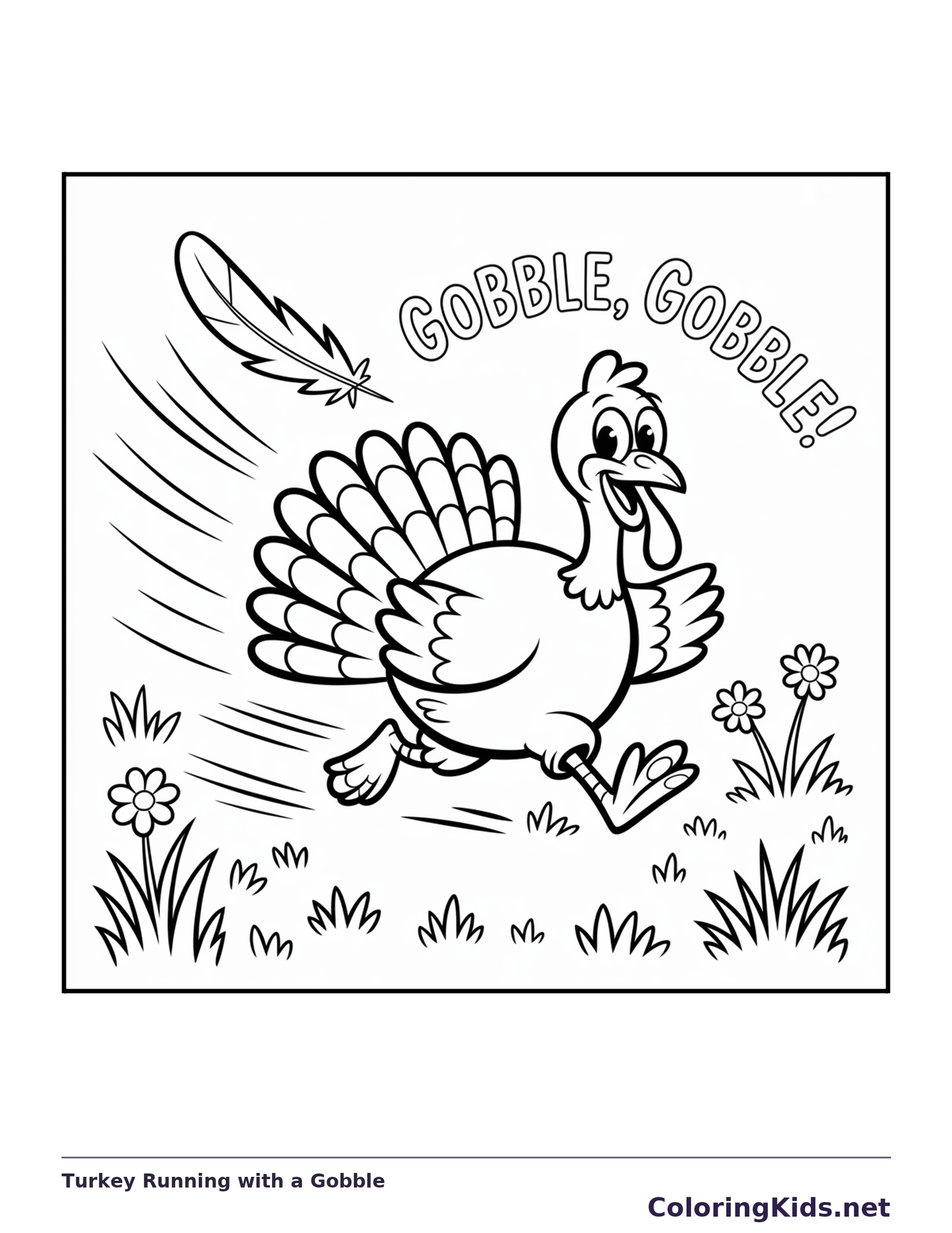 Black and white turkey running with a gobble coloring page with turkey feathers and fall details
