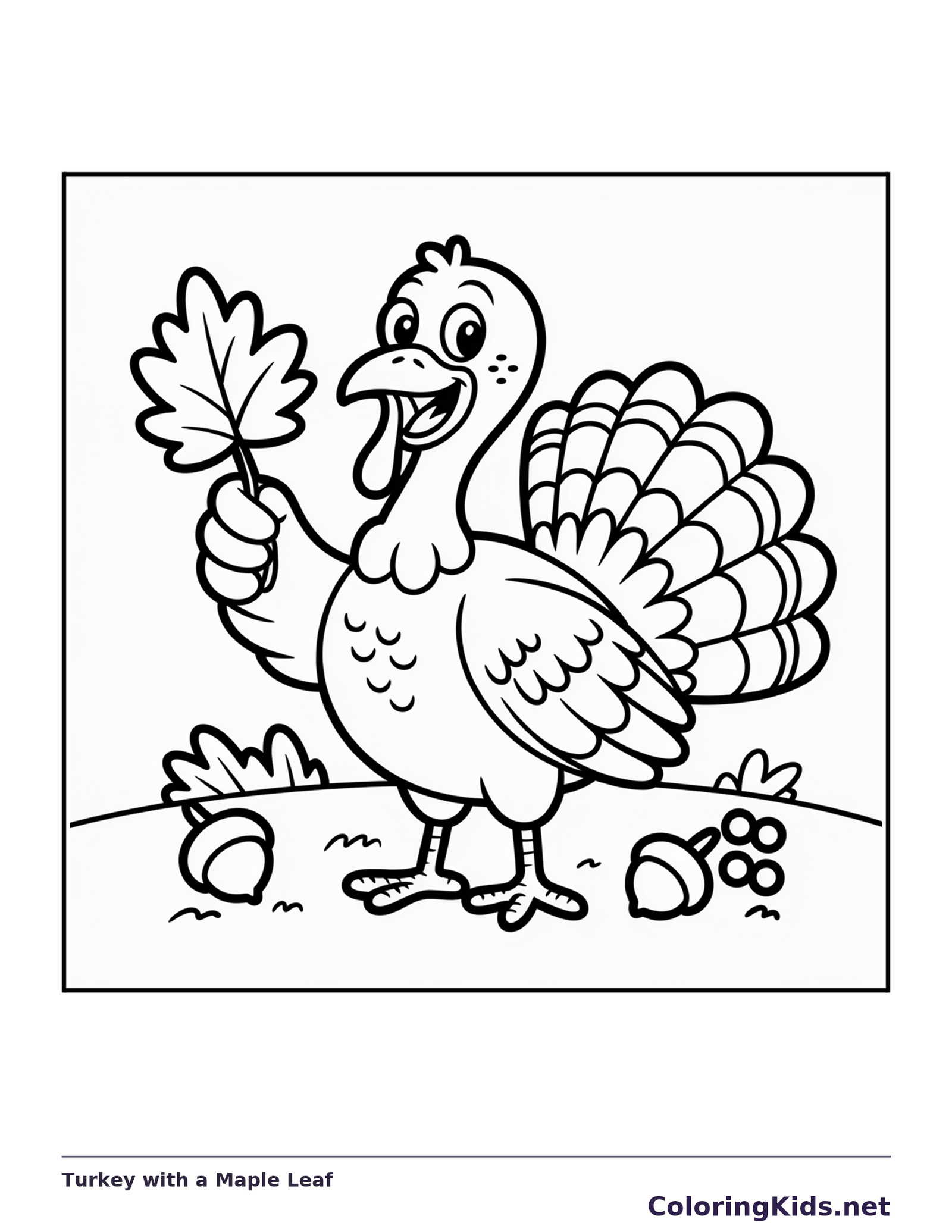 Black and white turkey with a maple leaf coloring page with turkey feathers and fall details