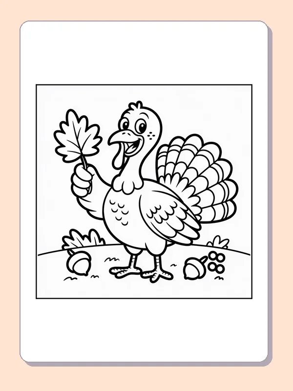 Black and white turkey with a maple leaf coloring page with turkey feathers and fall details