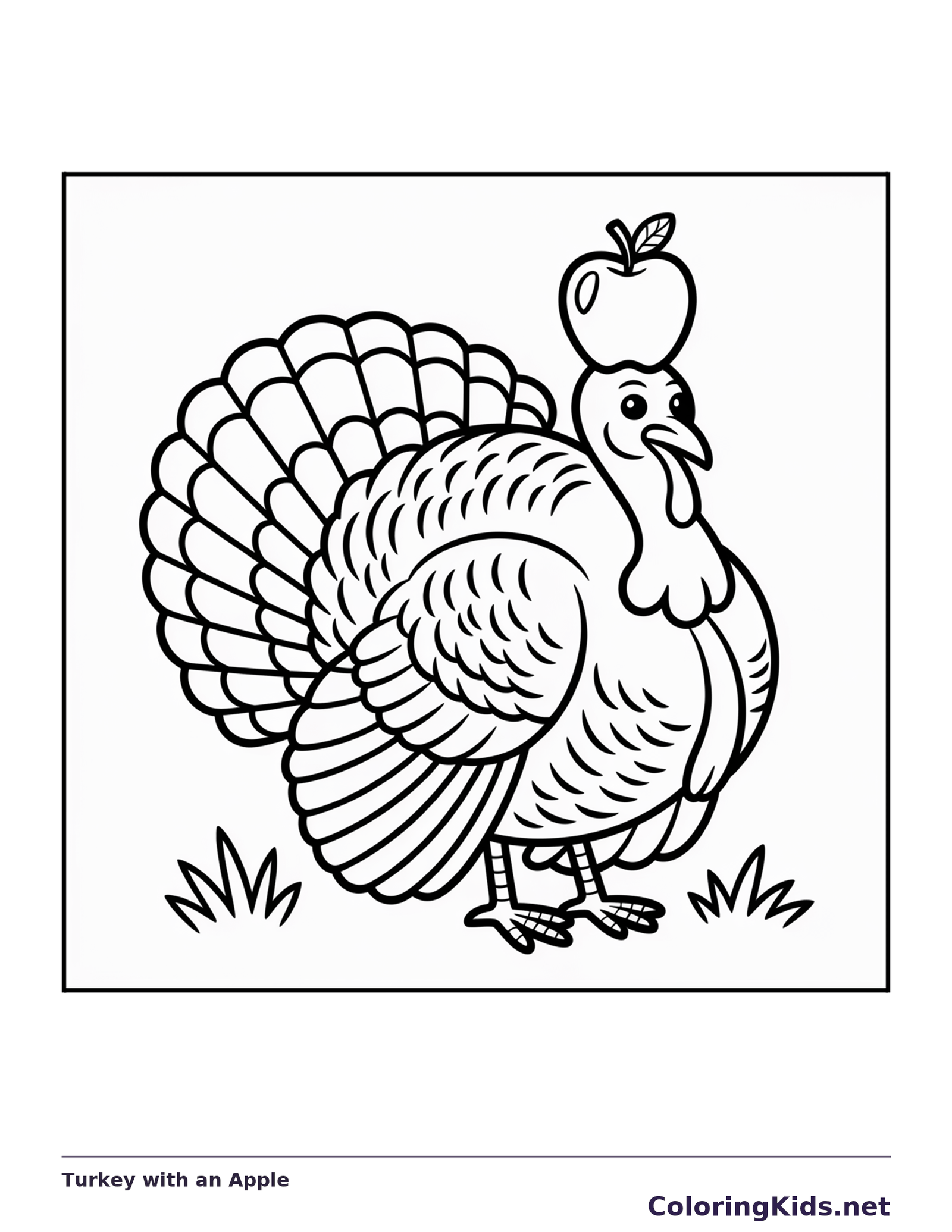 Black and white turkey with an apple coloring page with turkey feathers and fall details