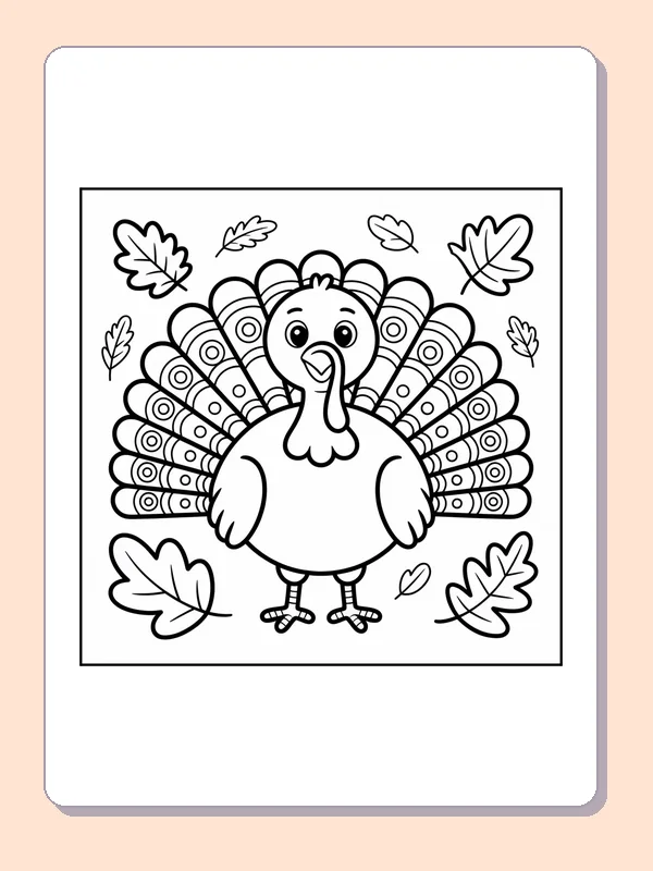 Black and white turkey with patterned tail feathers coloring page with turkey feathers and fall details