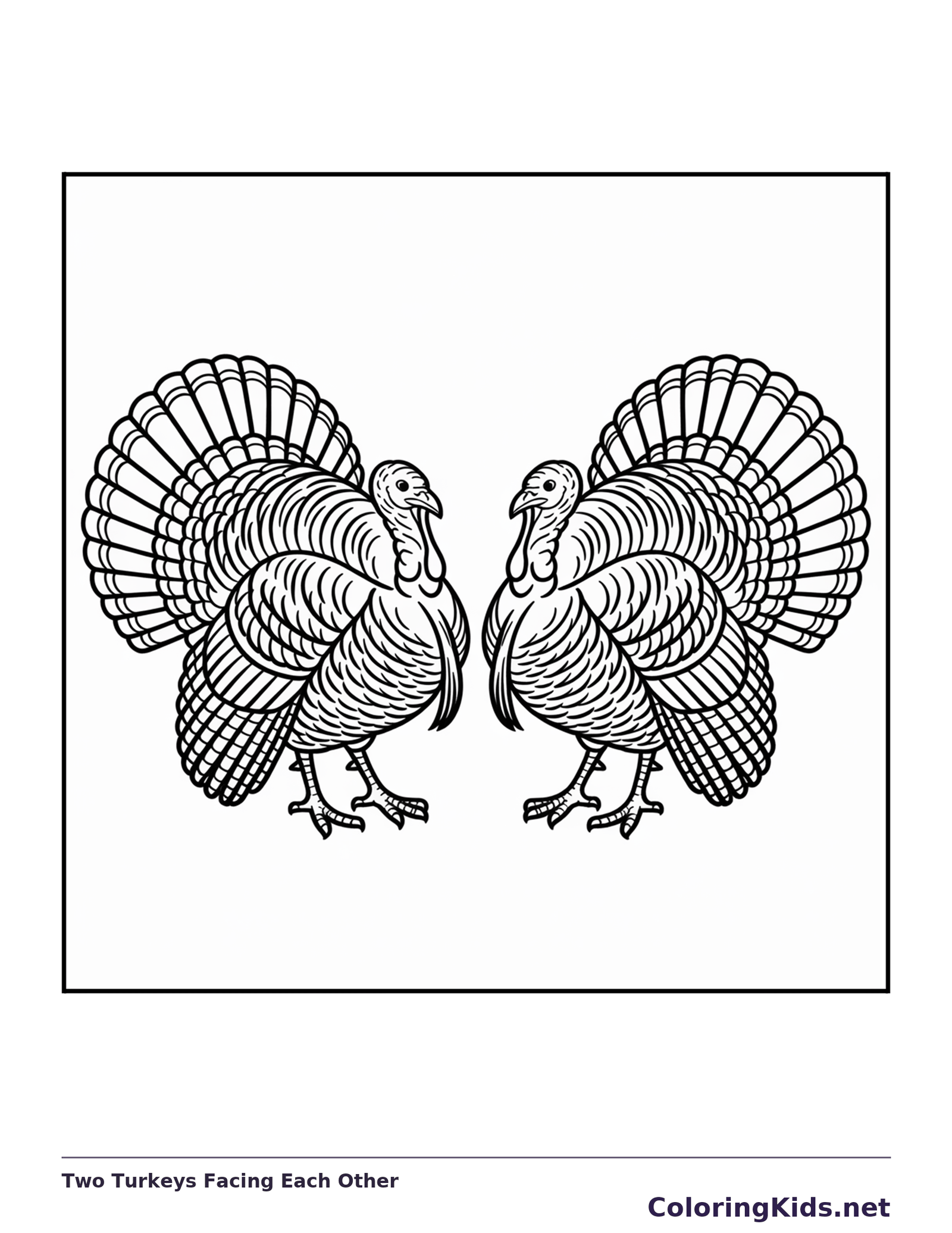 Black and white two turkeys facing each other coloring page with turkey feathers and fall details