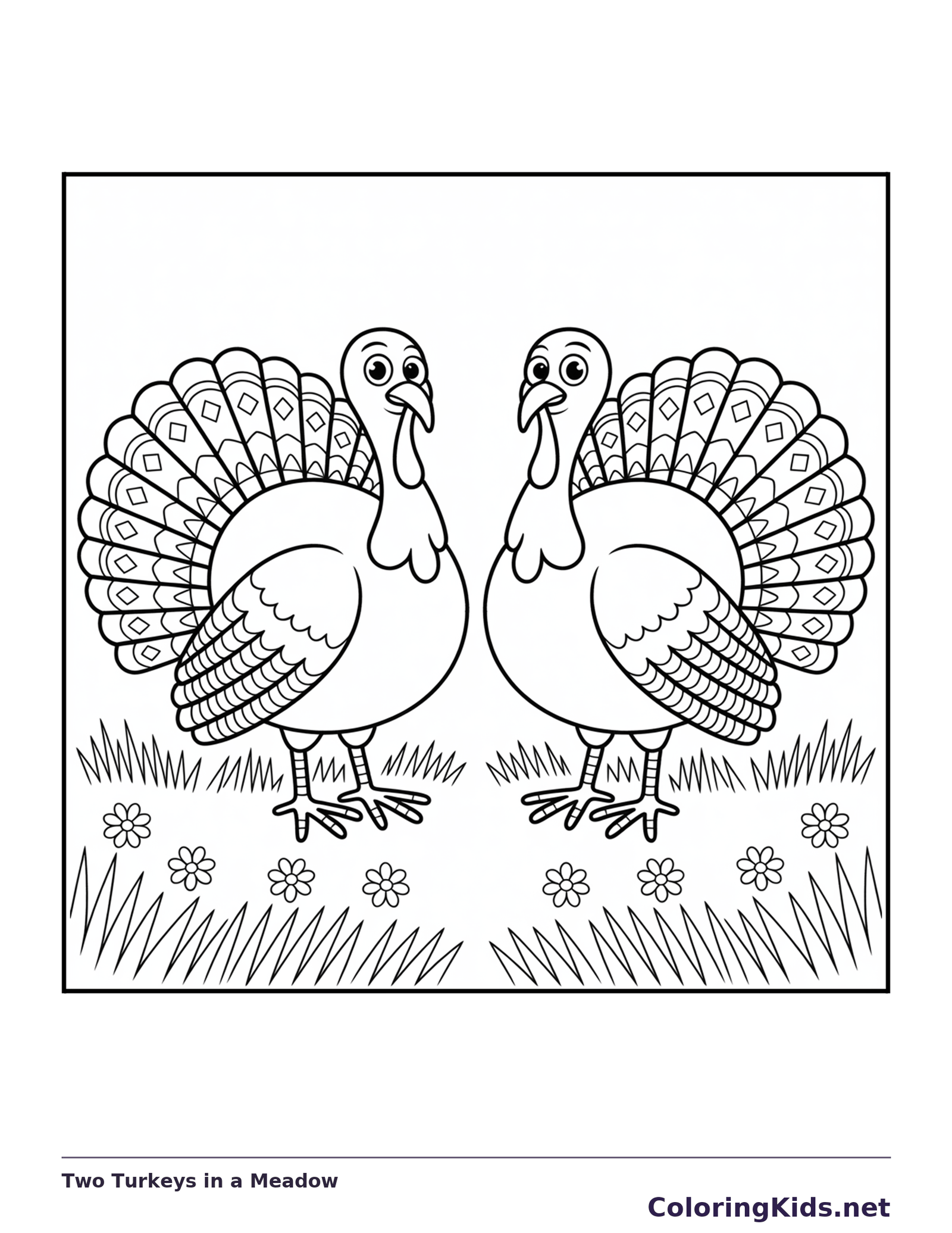 Black and white two turkeys in a meadow coloring page with turkey feathers and fall details