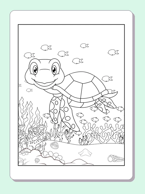 Black and white printable drawing of sea turtle above a coral garden