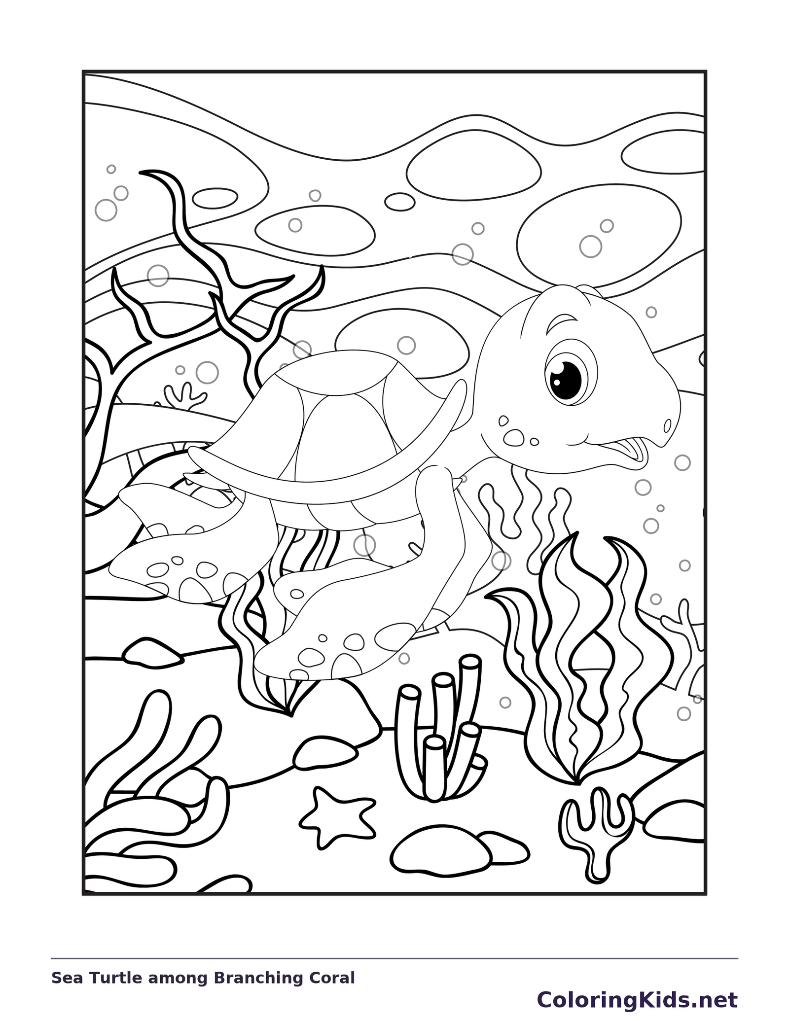 Black and white printable drawing of sea turtle among branching coral