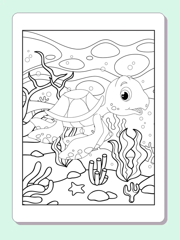 Black and white printable drawing of sea turtle among branching coral