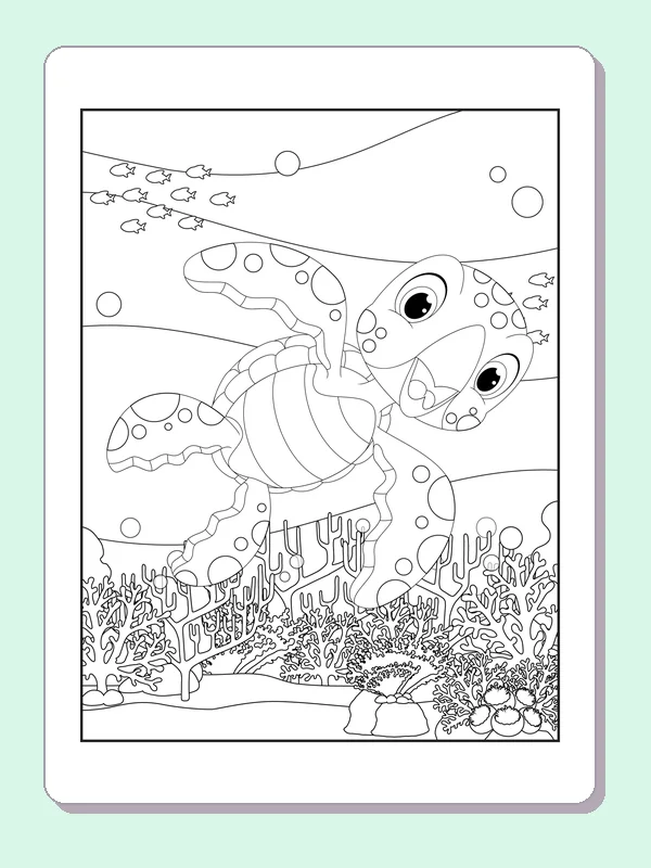 Black and white printable drawing of sea turtle swimming over coral and fish