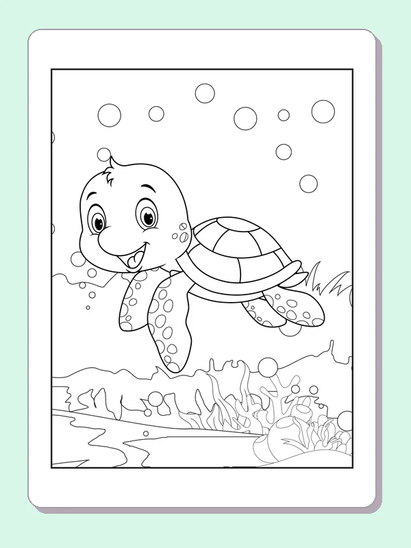 Black and white printable drawing of smiling turtle under bubbles