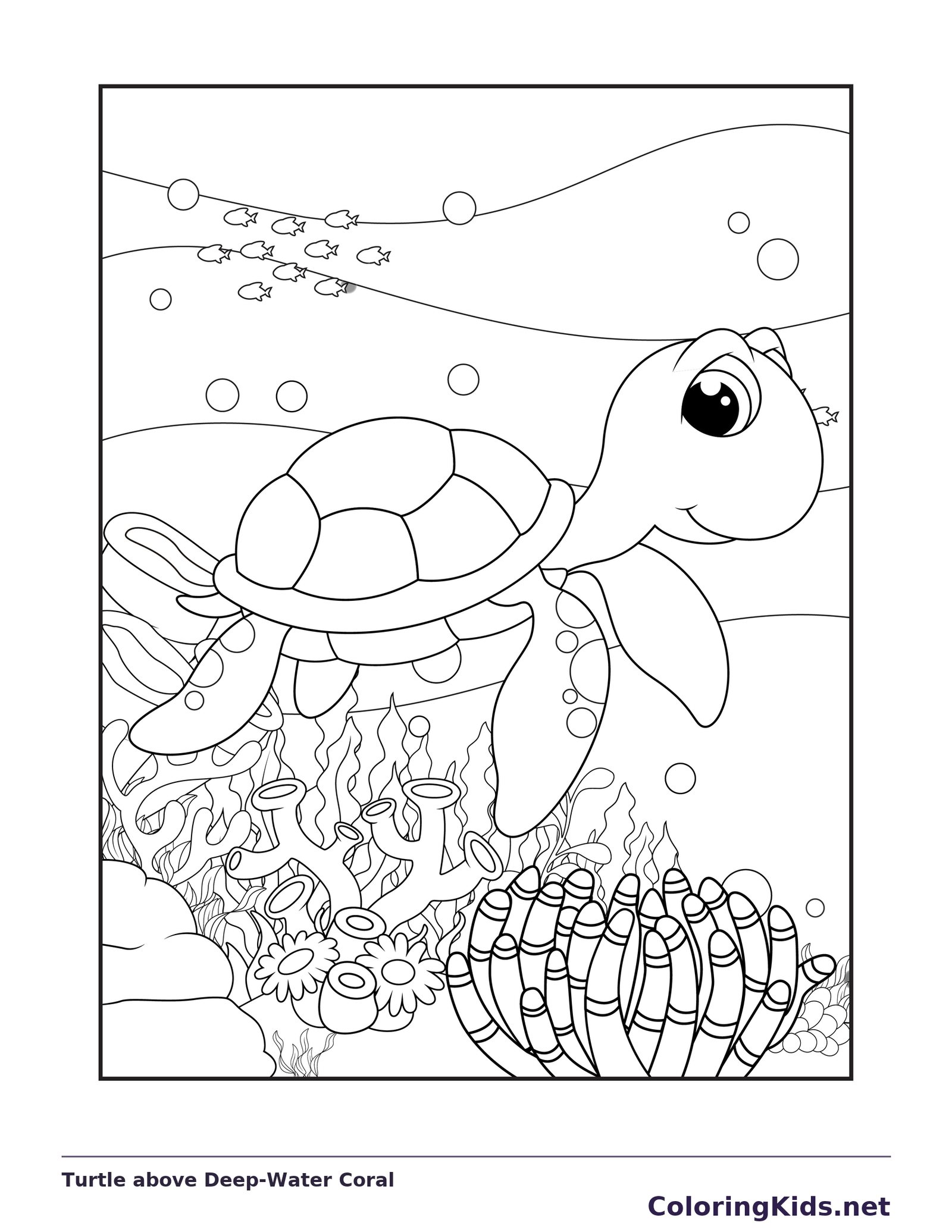 Black and white printable drawing of turtle above deep-water coral