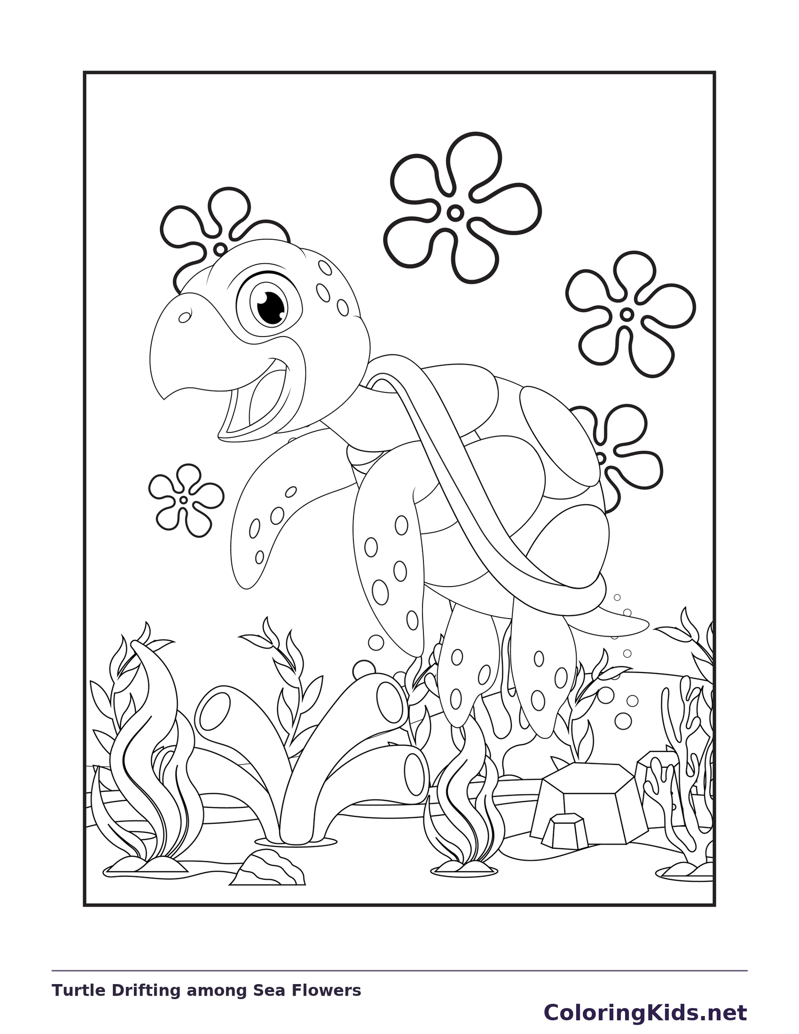 Black and white printable drawing of turtle drifting among sea flowers