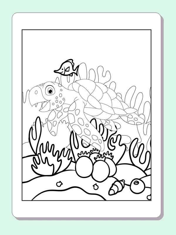 Black and white printable drawing of turtle exploring a dense reef