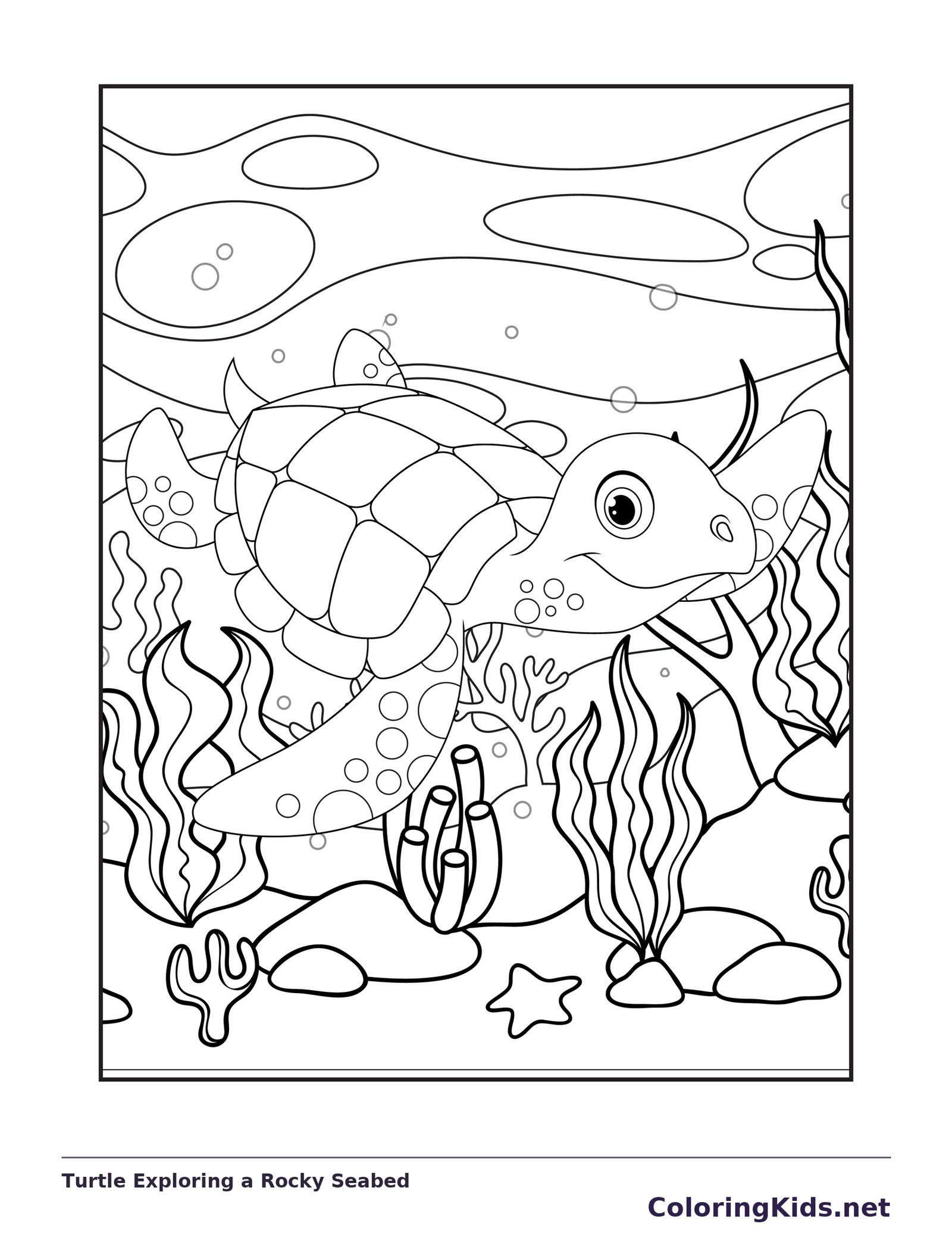 Black and white printable drawing of turtle exploring a rocky seabed