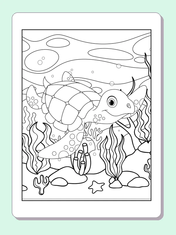 Black and white printable drawing of turtle exploring a rocky seabed