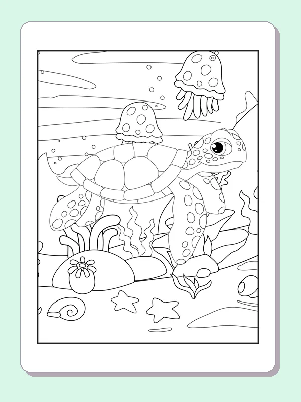 Black and white printable drawing of turtle near a floating jellyfish