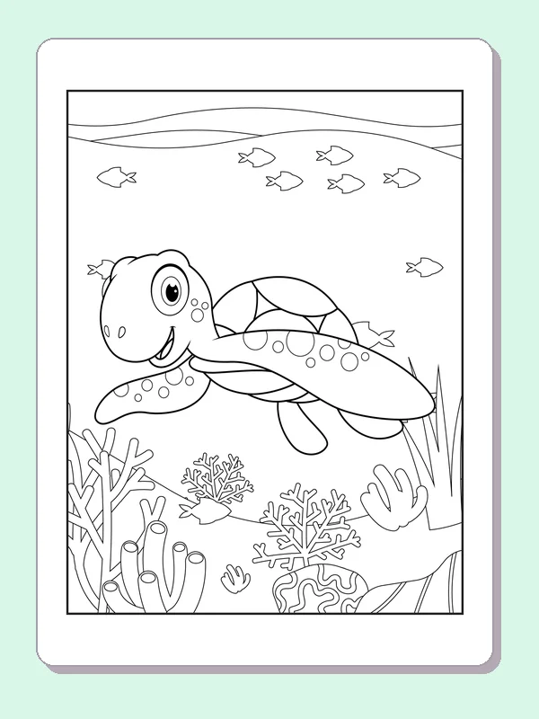 Black and white printable drawing of turtle swimming with a school of fish