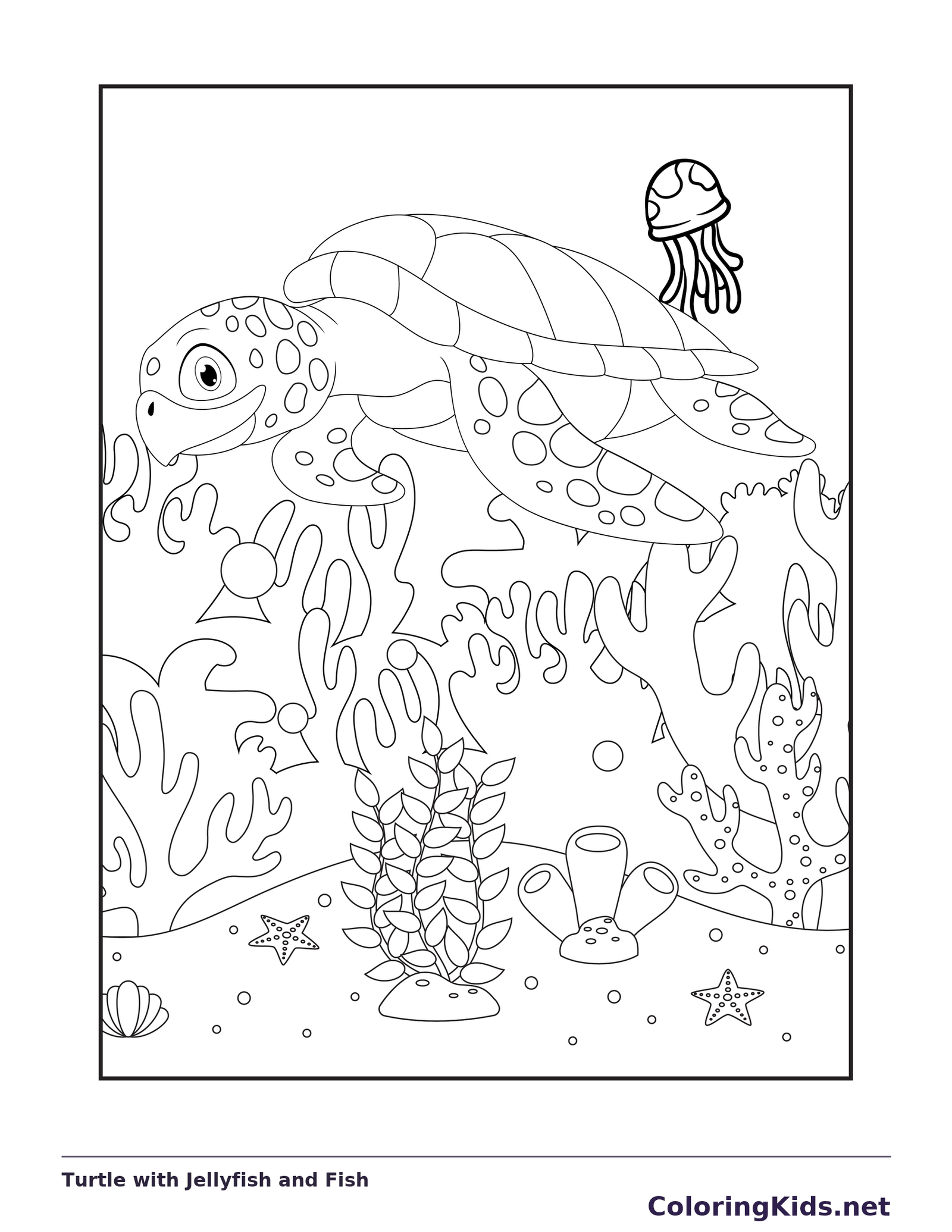 Black and white printable drawing of turtle with jellyfish and fish