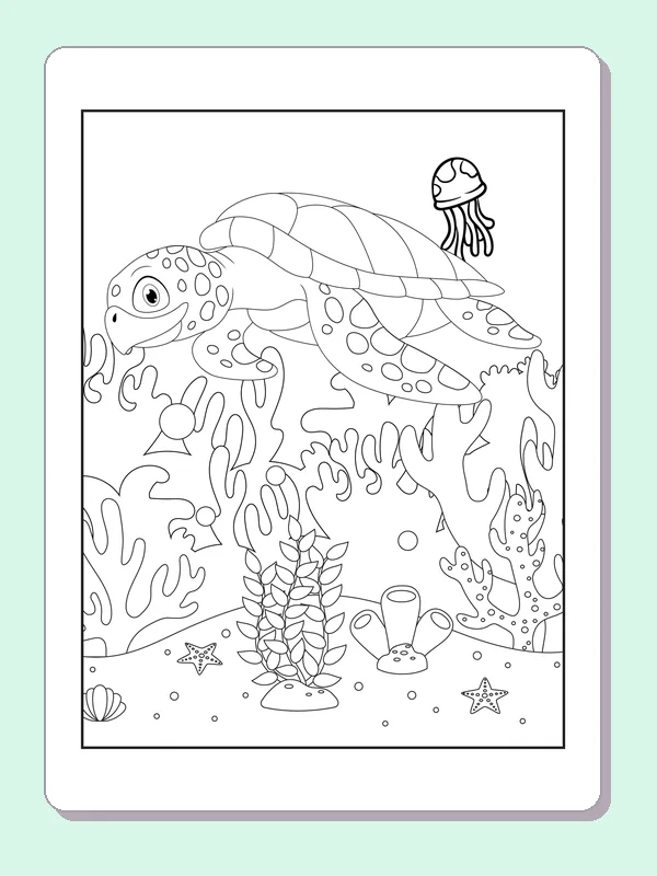 Black and white printable drawing of turtle with jellyfish and fish