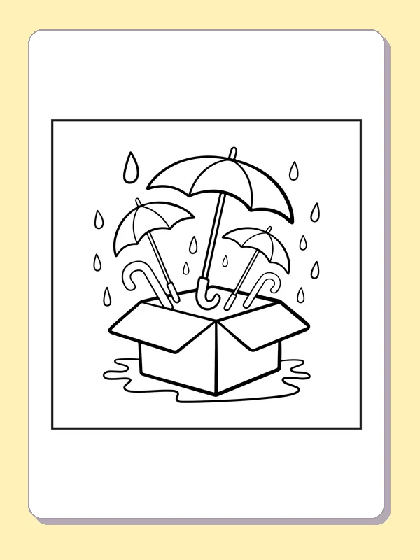 Open umbrellas springing from a box in rain, black-and-white line art