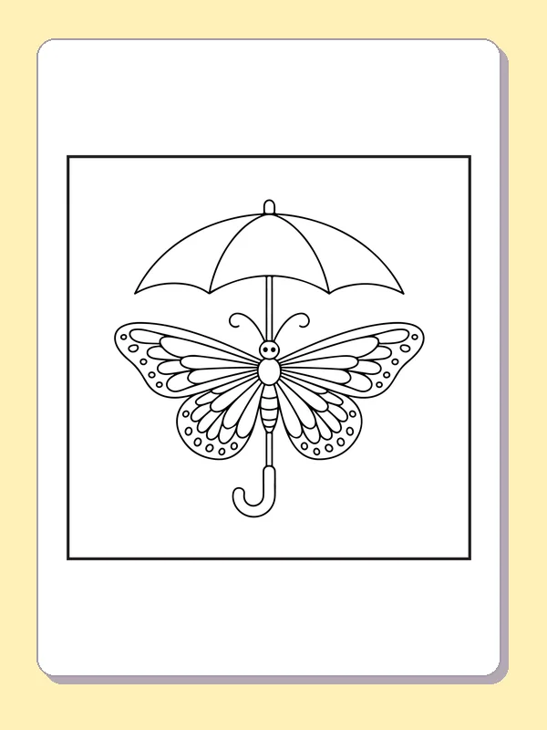 Butterfly-winged umbrella with matching patterned wings, black-and-white line art