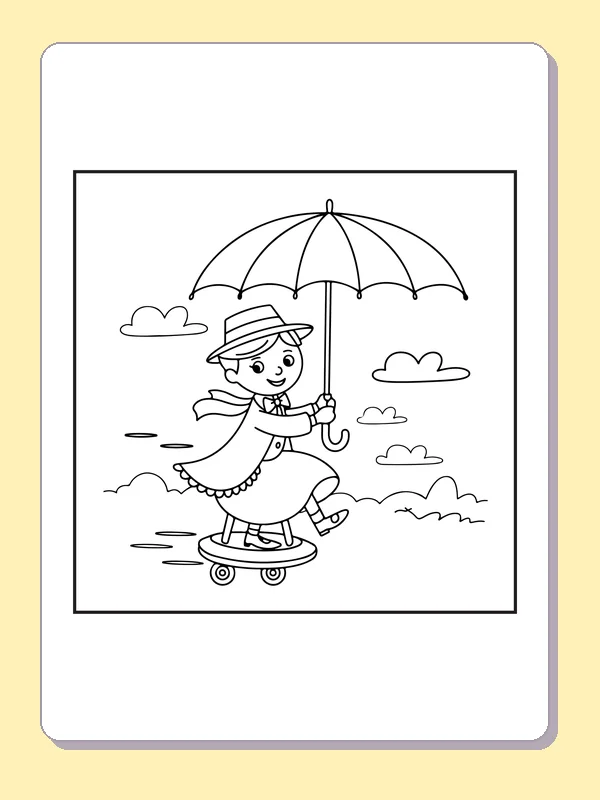 Skateboarding child holding an umbrella under sunny sky, black-and-white line art