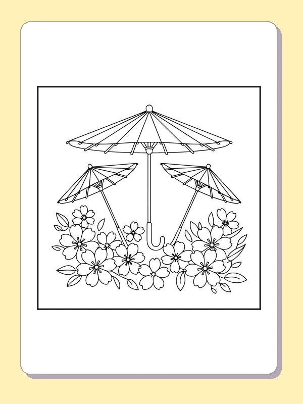Three garden parasols surrounded by dense flowers, black-and-white line art