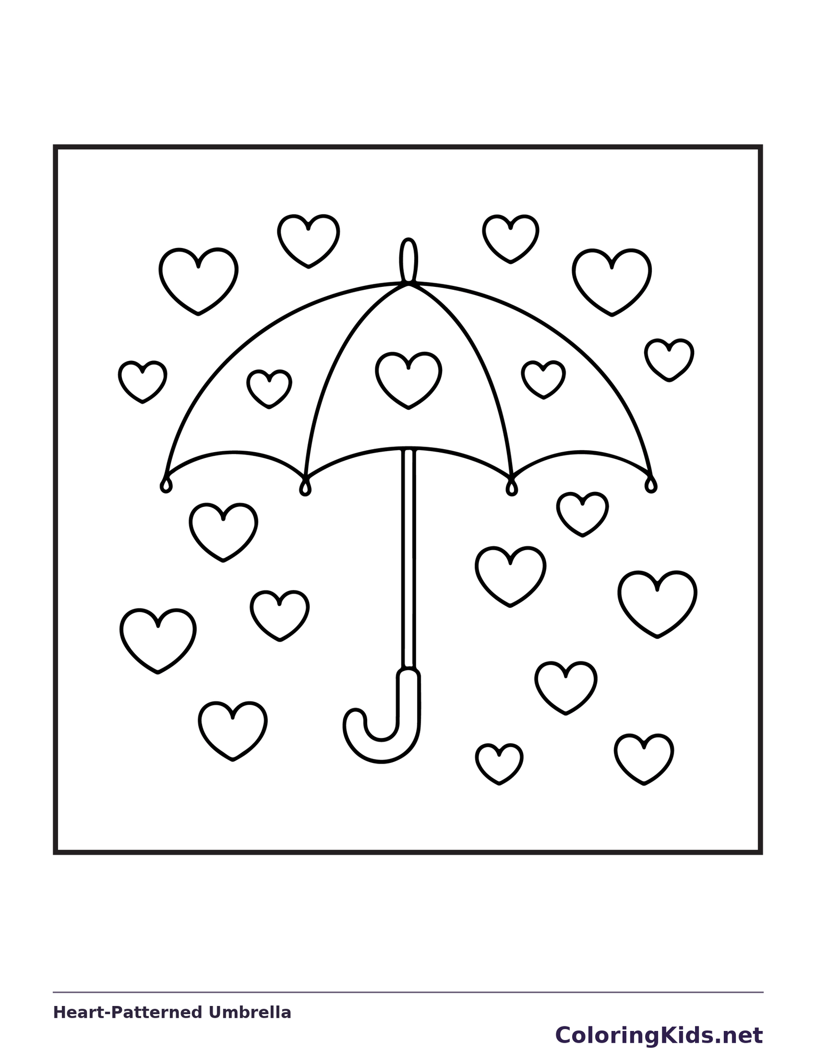 Umbrella with heart patterns and floating hearts, black-and-white line art