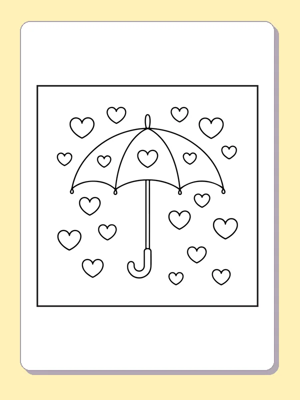 Umbrella with heart patterns and floating hearts, black-and-white line art