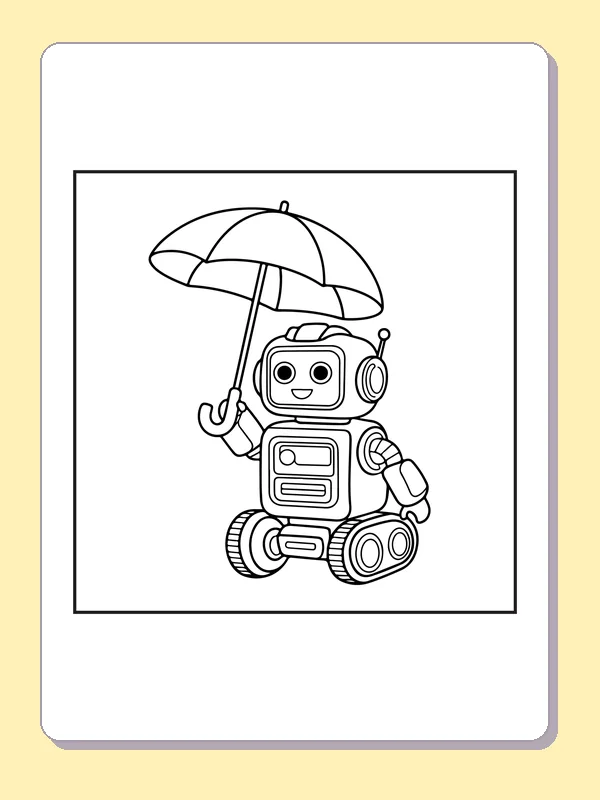 Wheeled robot holding an umbrella, black-and-white line art