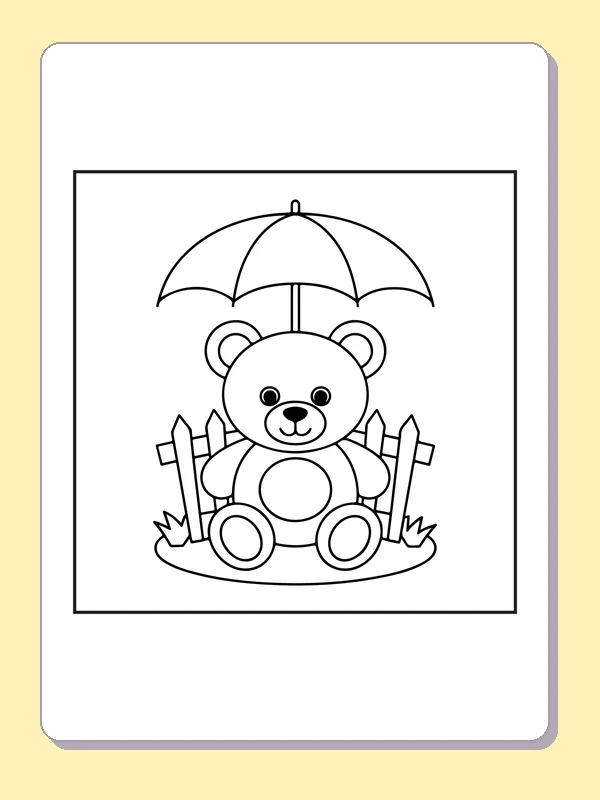 Teddy bear sitting under an umbrella beside a fence, black-and-white line art