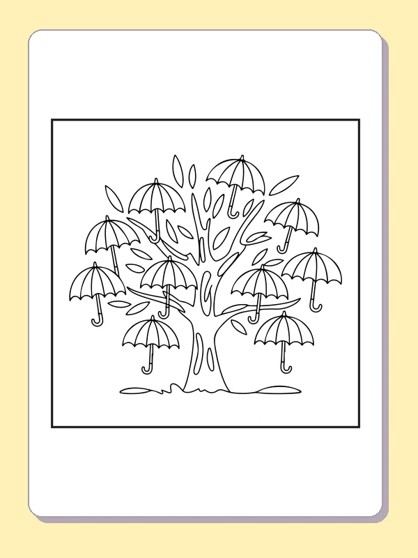Tree growing many tiny umbrellas from its branches, black-and-white line art