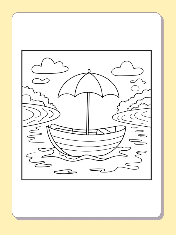 Umbrella boat on a winding river, black-and-white line art