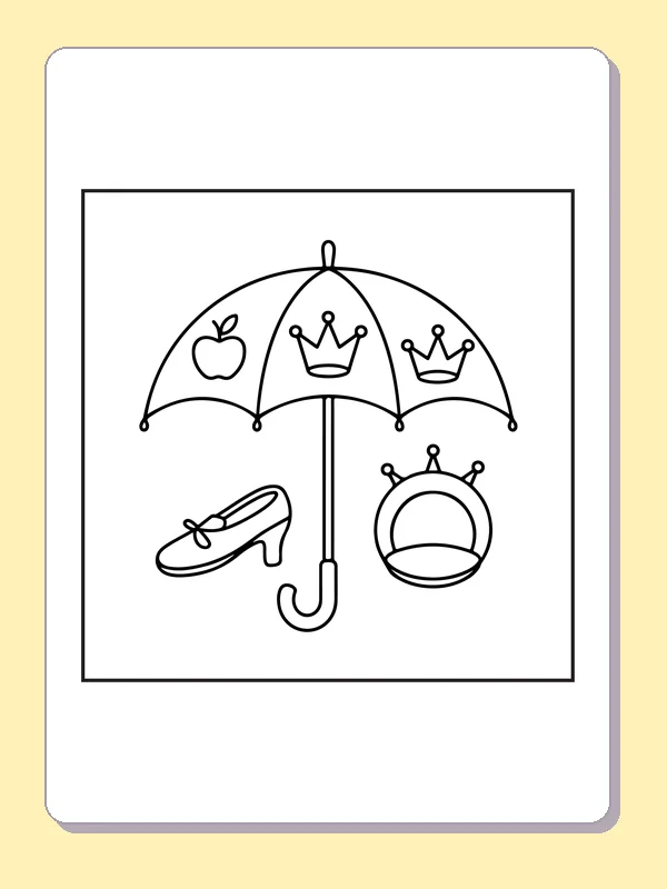 Crown-patterned umbrella with shoe and clock, black-and-white line art