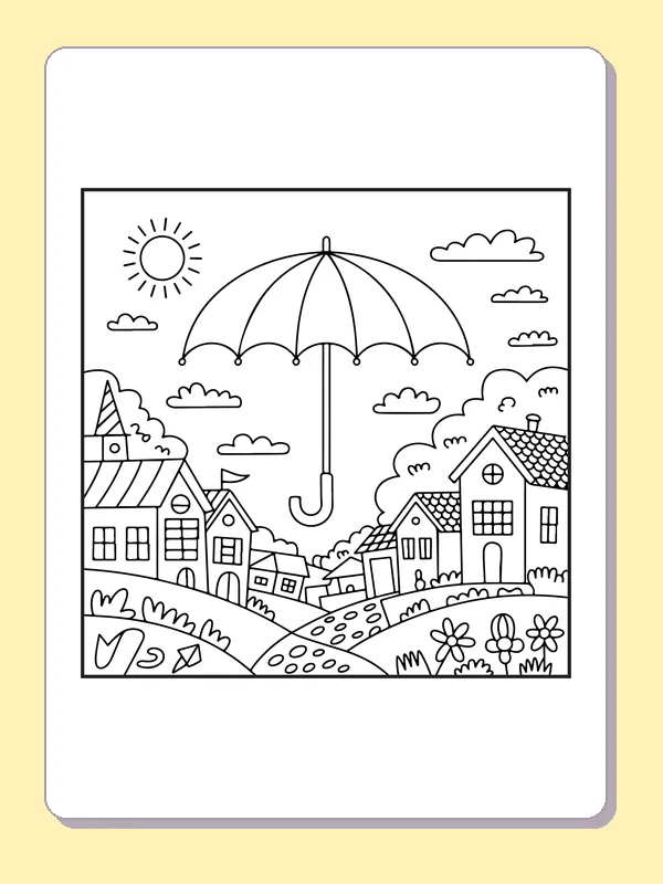 Umbrella floating over a town of small houses, black-and-white line art