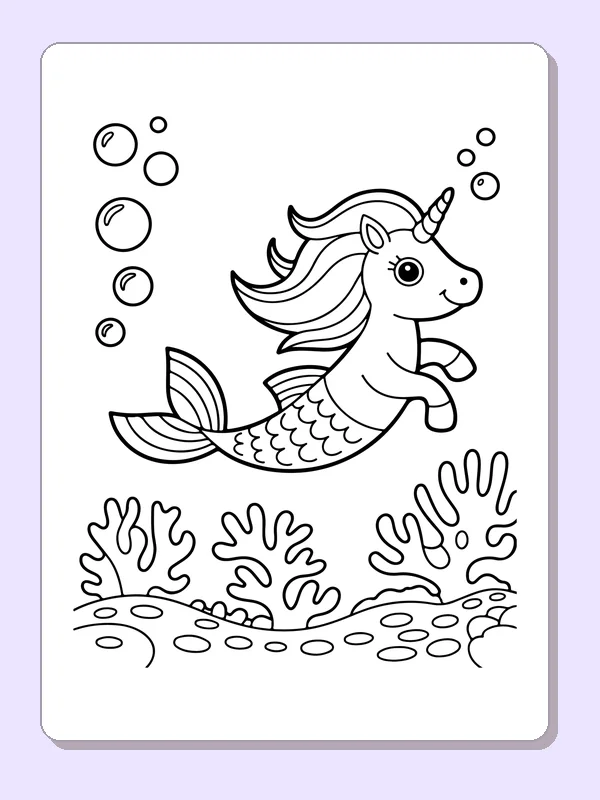 Black and white printable drawing of mermaid unicorn beneath the sea