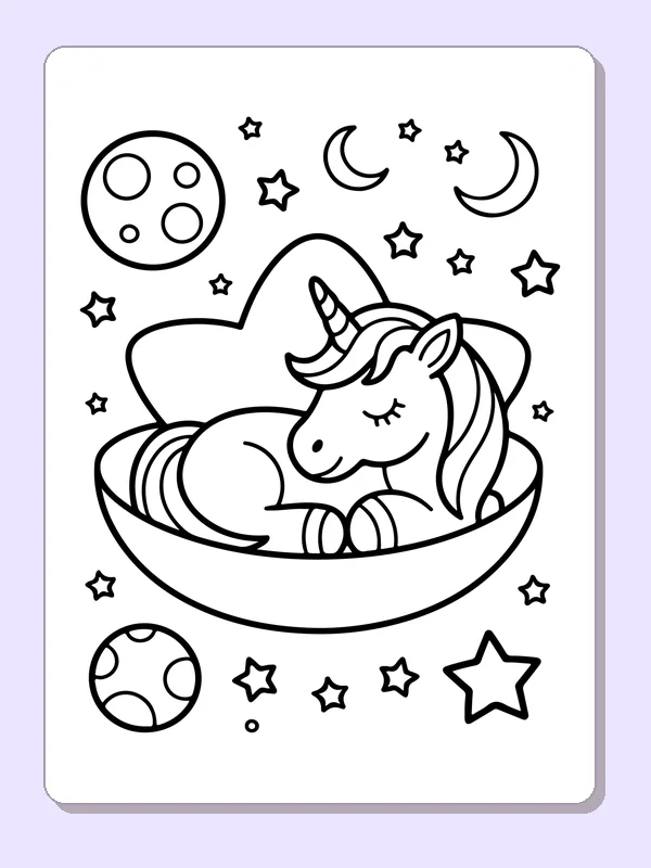 Black and white printable drawing of sleeping unicorn beneath moons and stars
