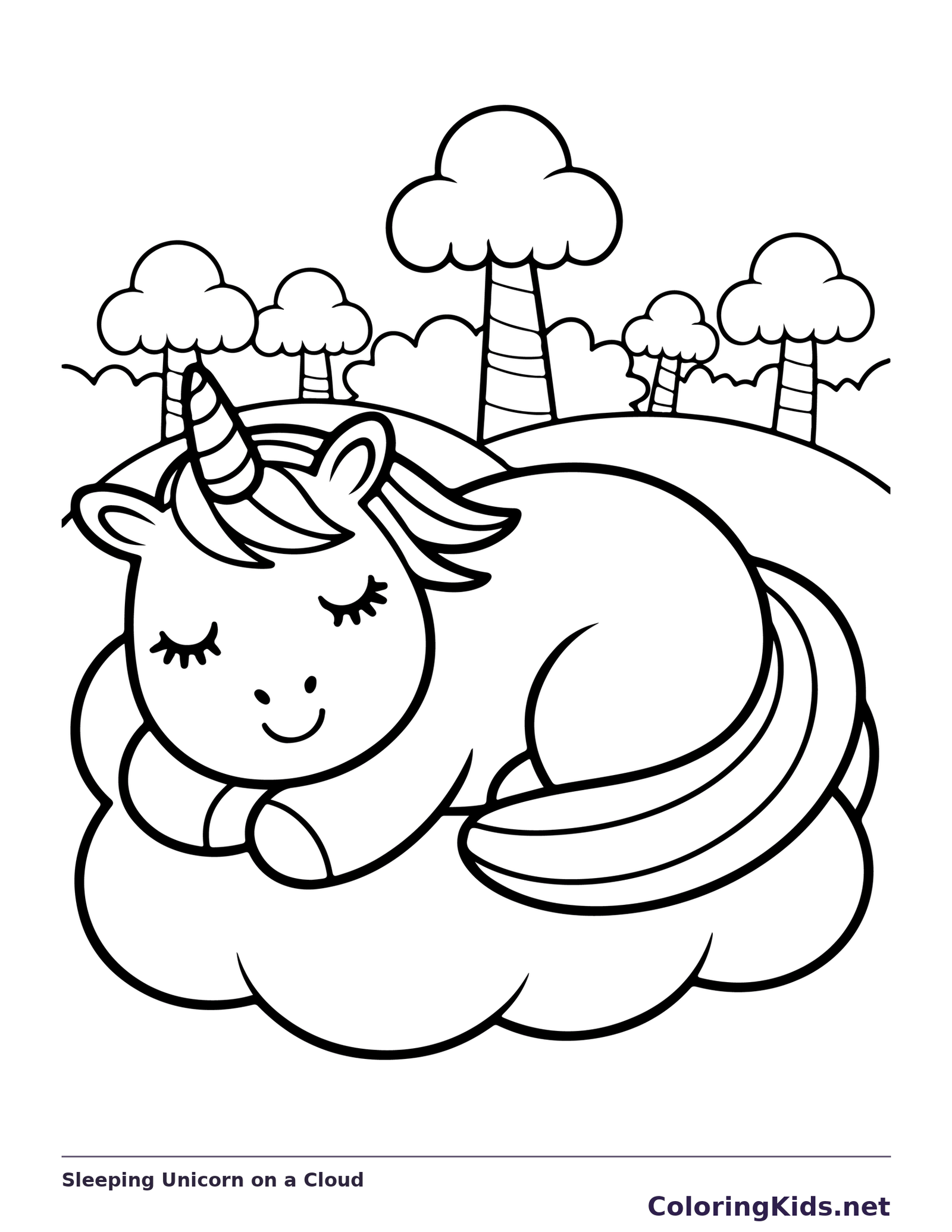 Black and white printable drawing of sleeping unicorn on a cloud