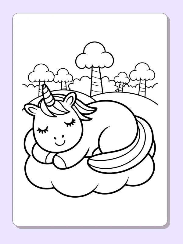 Black and white printable drawing of sleeping unicorn on a cloud